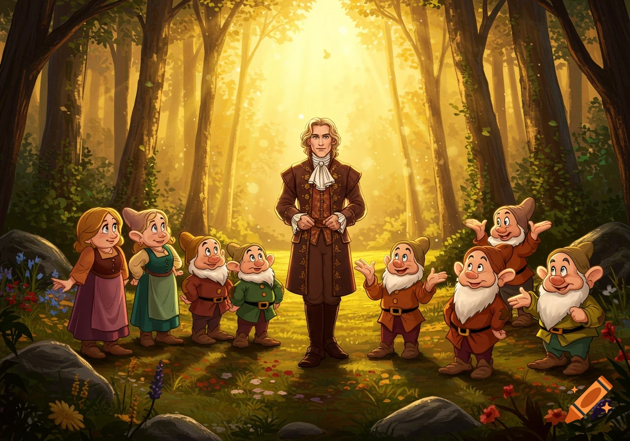 A prince-like man, two women, and seven smiling dwarves stand in a magical, sunlit forest clearing, illustrated in a classic animation style.