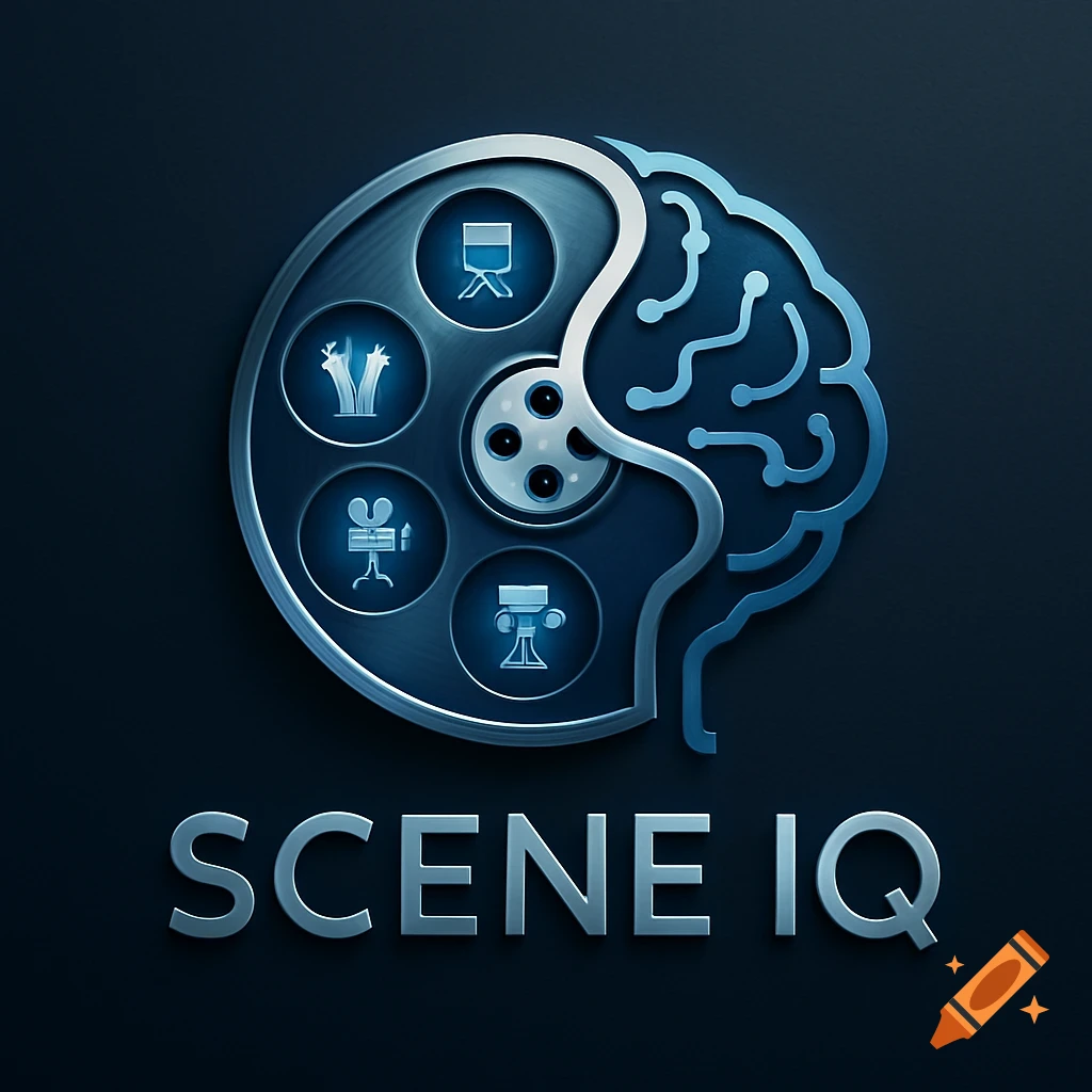 Metallic logo with a film reel and a stylized brain, featuring movie production icons and the text 'SCENE IQ'.