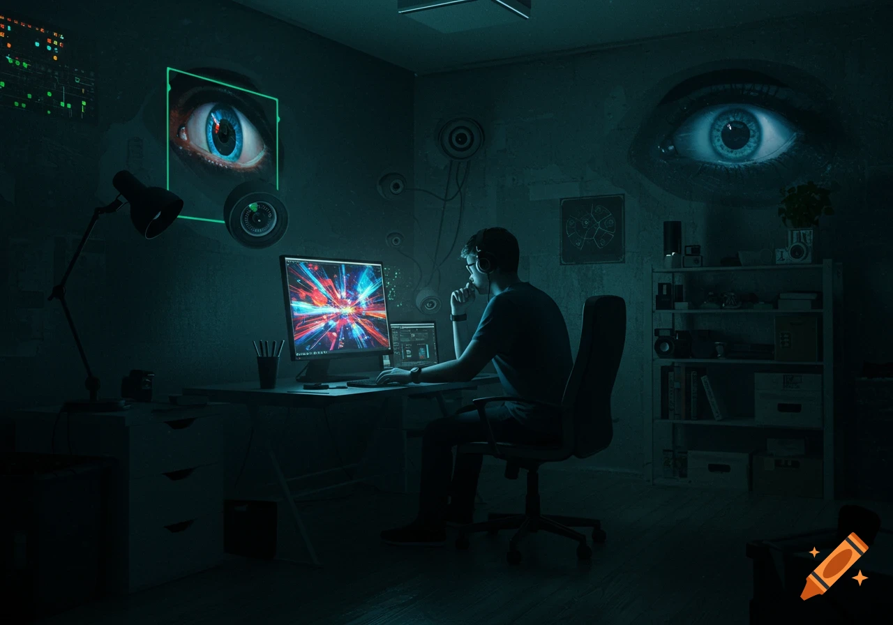 A person works on a computer in a dark, tech-filled room, watched by large digital eyes and surveillance cameras, symbolizing oversight. Photorealistic.