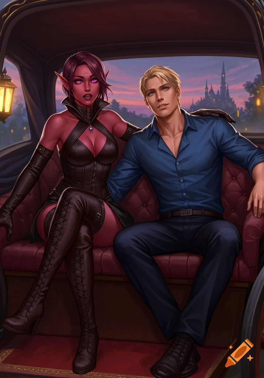 A red-skinned female elf in black leather and a blond human man sit in a carriage, a castle visible in the fantasy dusk background.