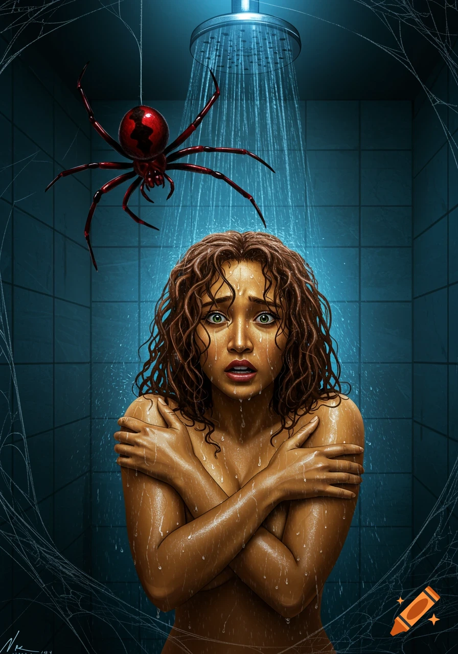 A terrified woman in a shower recoils from a large red and black spider hanging above her. Eerie blue light and spiderwebs. Stylized art.