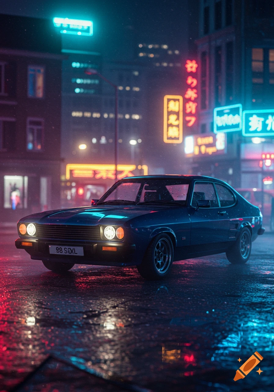 A dark blue vintage Ford Capri MK3 parked on a wet city street at night, illuminated by neon signs and streetlights.