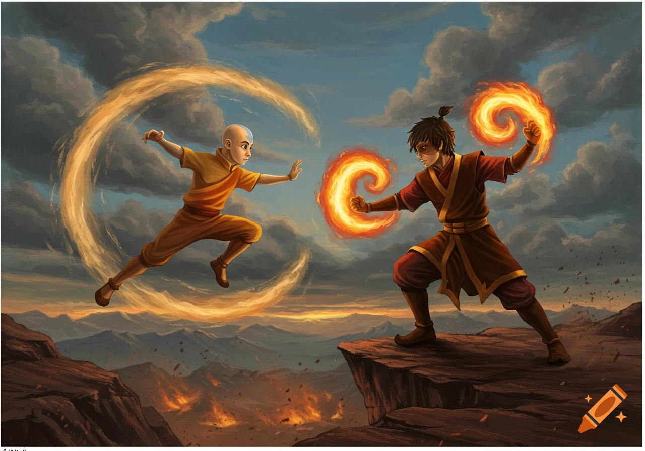 Illustrated scene of Aang airbending and Zuko firebending, battling over a dramatic fiery landscape under a cloudy sky.