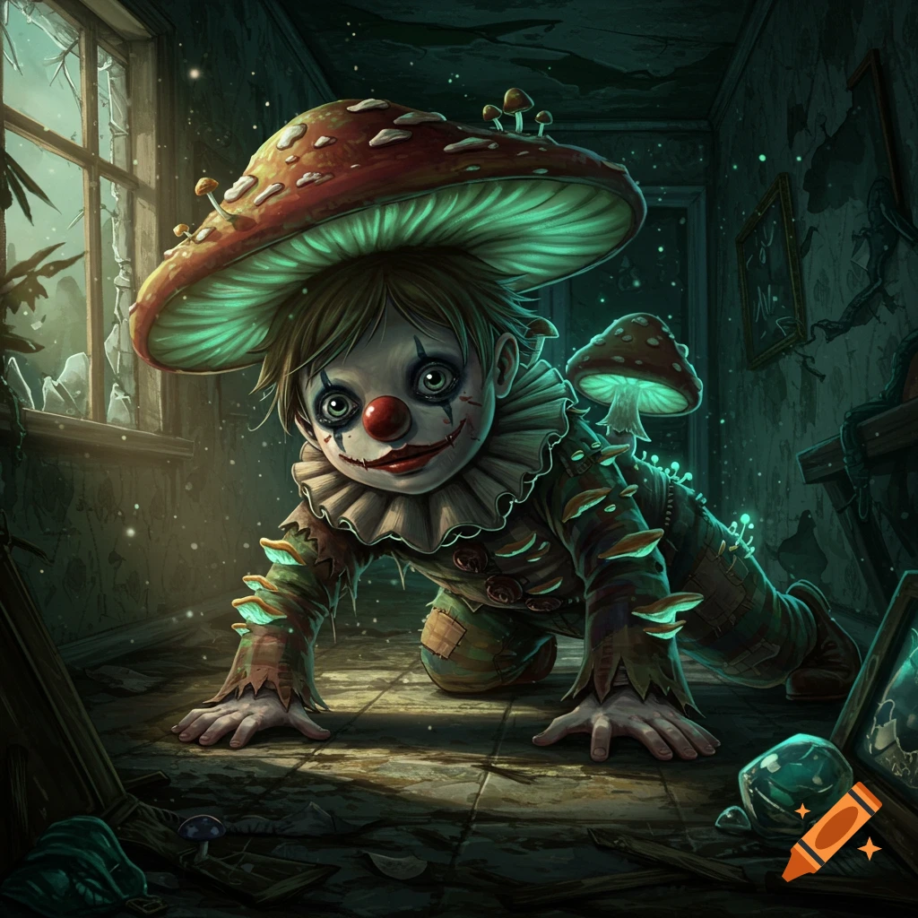 A creepy child-like clown with a large mushroom hat and glowing fungi crawls through a dark, abandoned building in a dark fantasy art style.
