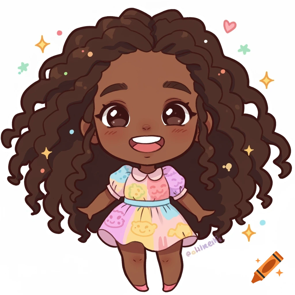 Cute chibi illustration of a happy dark-skinned girl with long curly hair, wearing a pastel patterned dress.