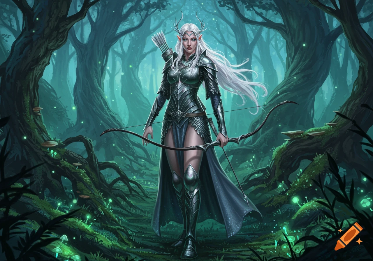 A white-haired female elf with antlers and armor stands in an enchanted forest, holding a bow. Digital painting.