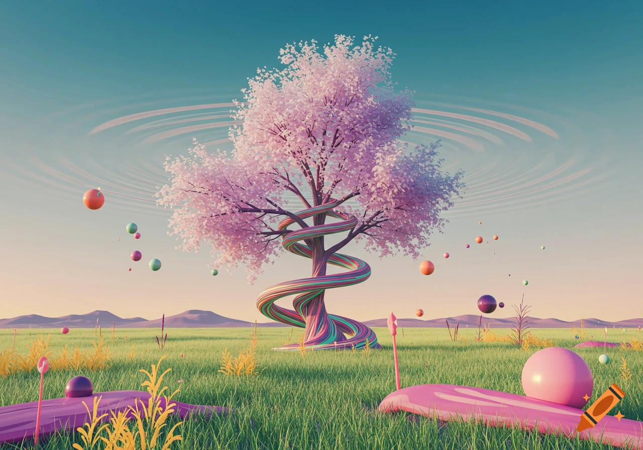 A surreal landscape featuring a pink-blossomed tree with a colorful spiral trunk in a green field with floating spheres and pink elements under a rippled sky.