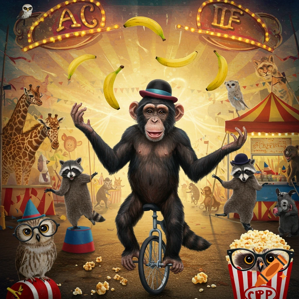 A monkey in a bowler hat rides a unicycle and juggles bananas in a bustling circus. Raccoons, giraffes, and owls watch, with popcorn in the foreground. Stylized illustration.