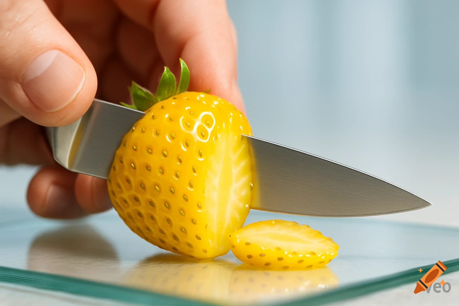 A hand uses a knife to cut a yellow strawberry in half on a glass cutting board.