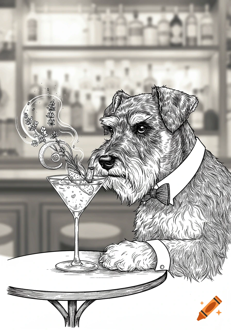 A black and white line drawing of a schnauzer in a bow tie sitting at a bar table with a smoking martini.