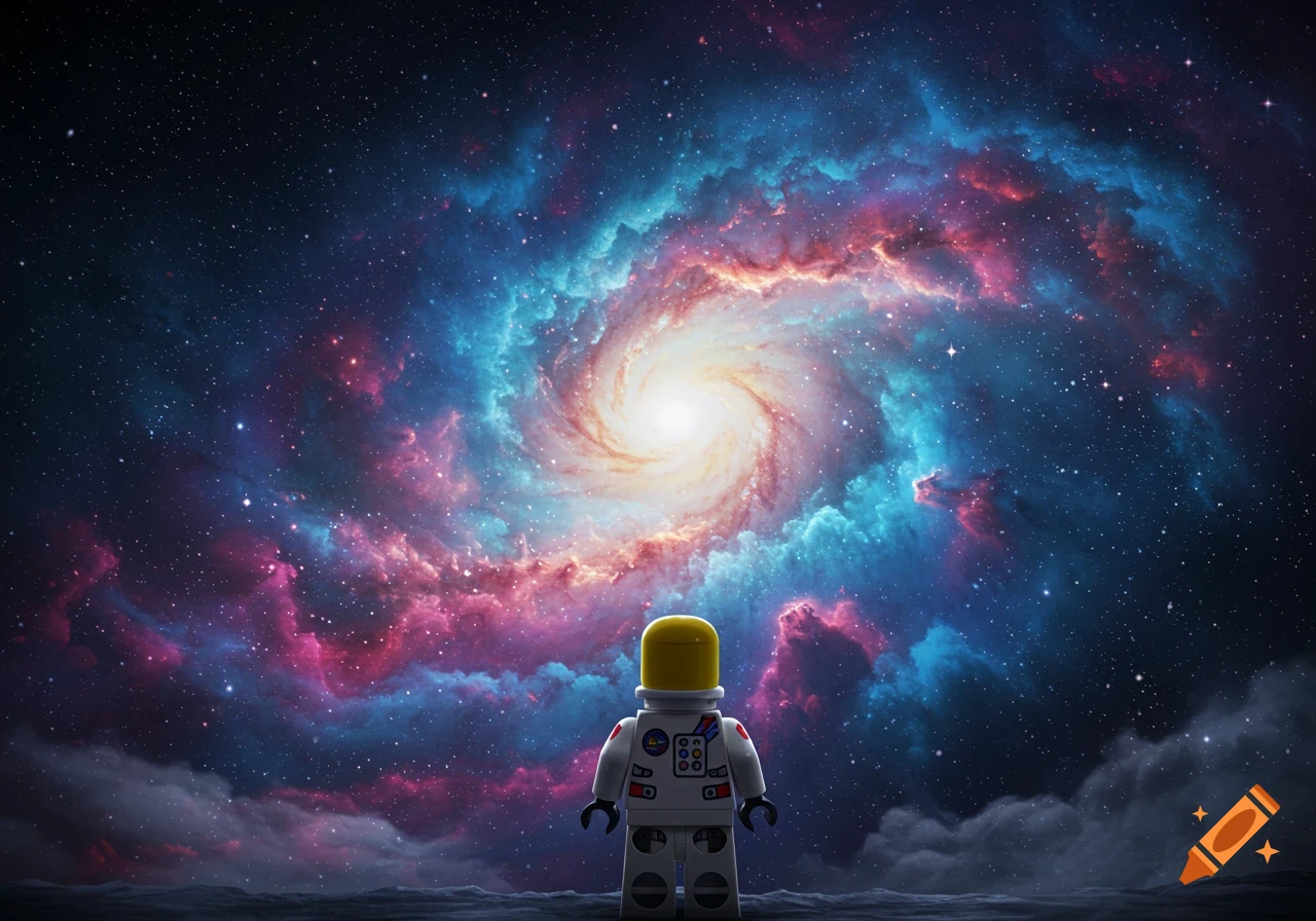 A Lego astronaut stands on a rocky surface, looking up at a swirling, colorful galaxy with pink and blue nebulae.