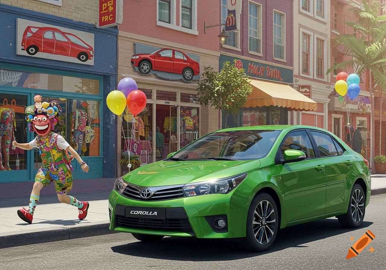 A vibrant green Toyota Corolla parked on a city street with a person in a colorful, cartoonish costume running past. Buildings with storefronts line the background, and balloons float nearby. The style is bright and whimsical.