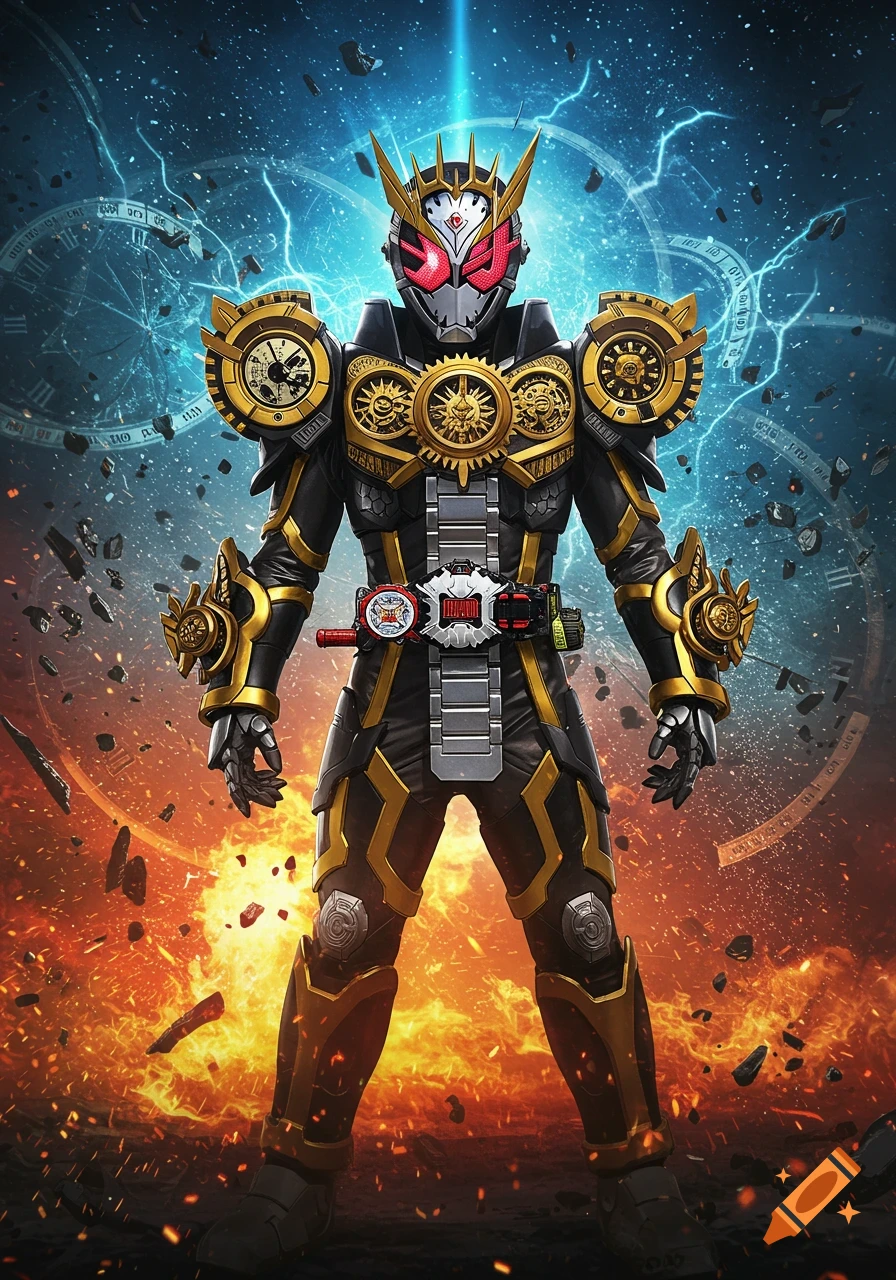 Kamen Rider Ohma Zi-O in black and gold armor stands in a dynamic scene with fire below and shattered clock gears with blue lightning above.