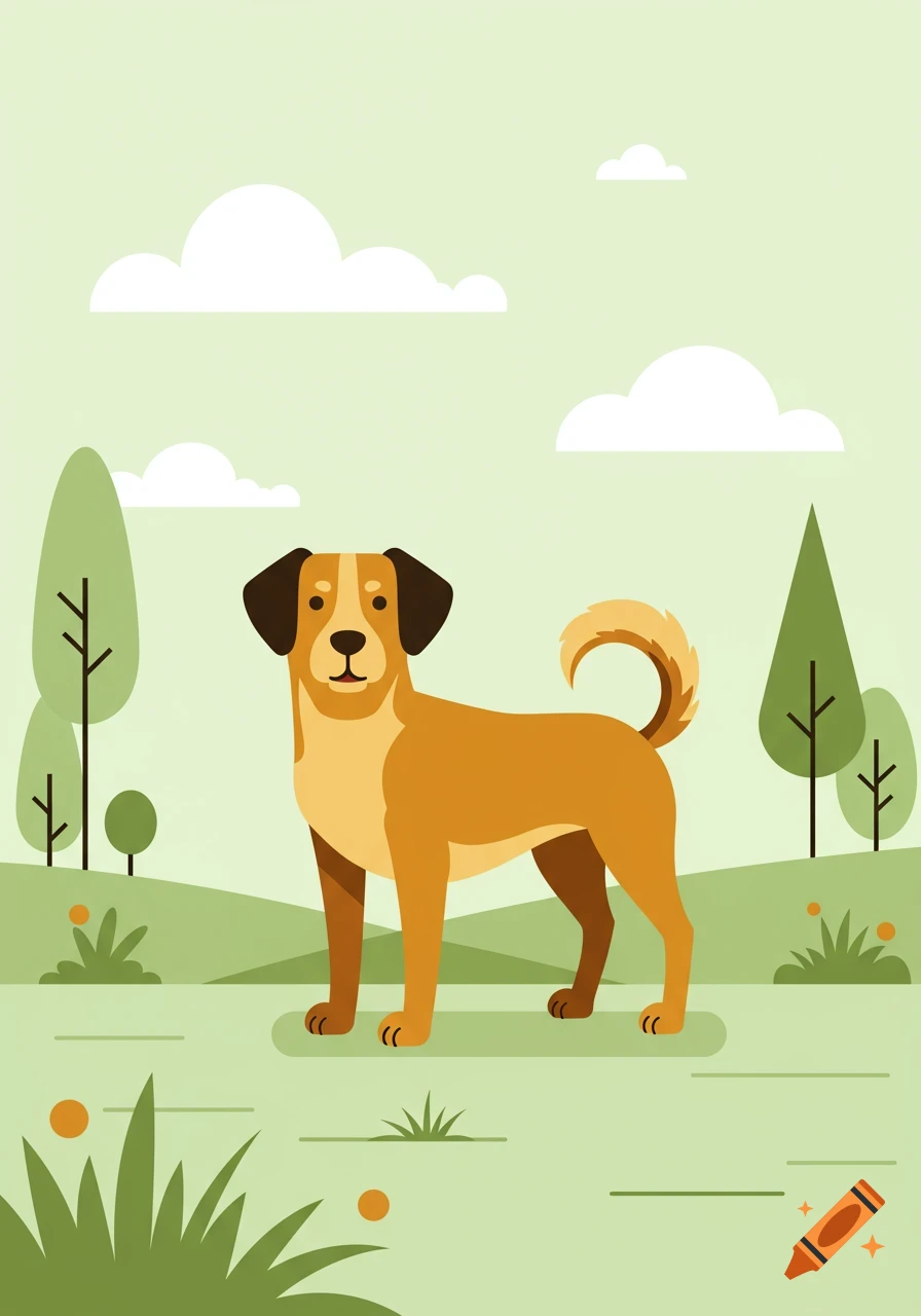 A flat illustration of a brown dog standing in a green field with trees and clouds.