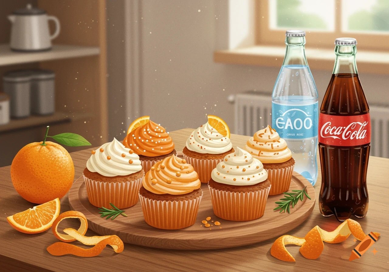 Six orange and white frosted cupcakes with oranges, peels, a Coca-Cola, and a water bottle on a wooden table, in an illustrated style.