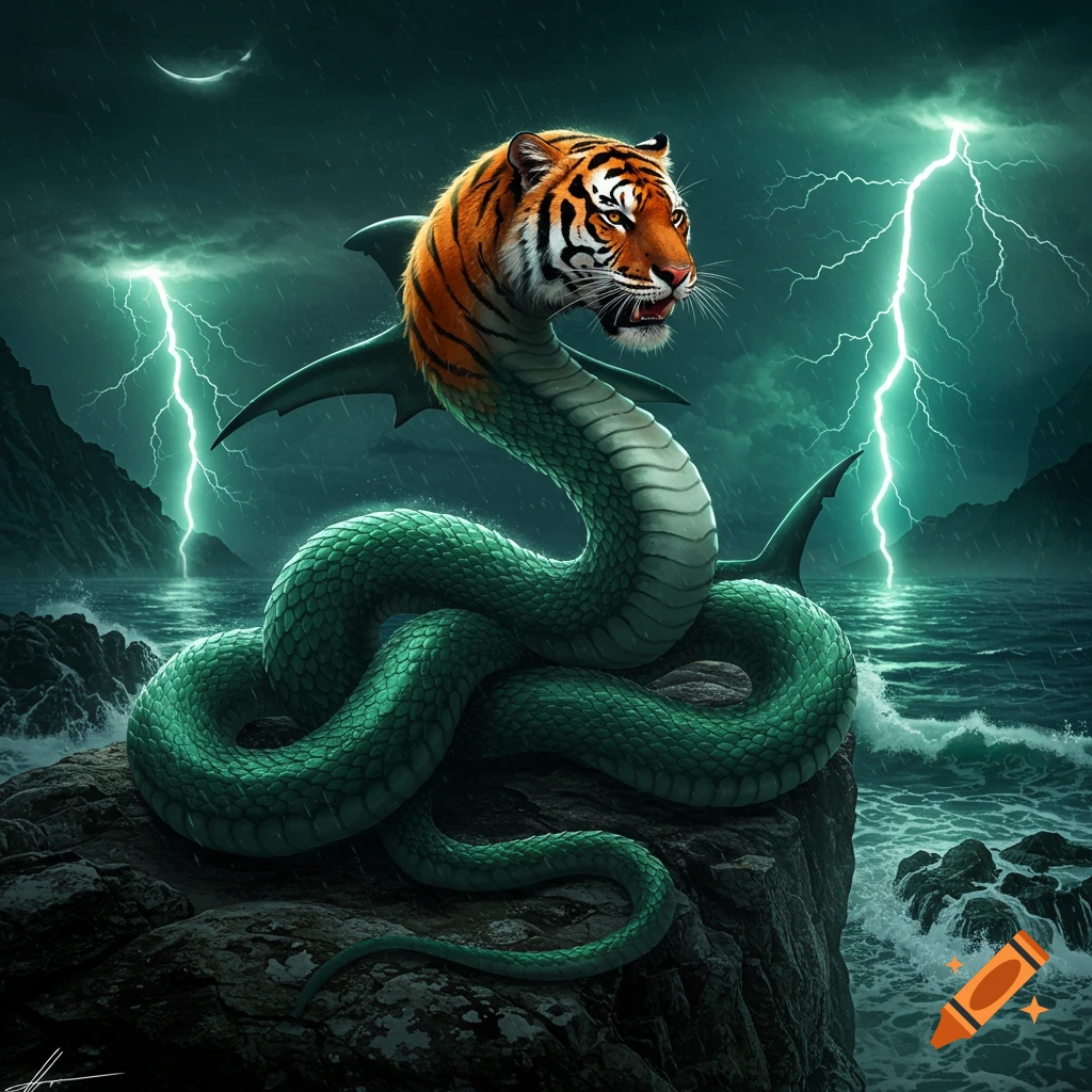 A majestic creature with a tiger head, shark fins, and a green snake body, coiled on a rocky cliff by a stormy sea with lightning.