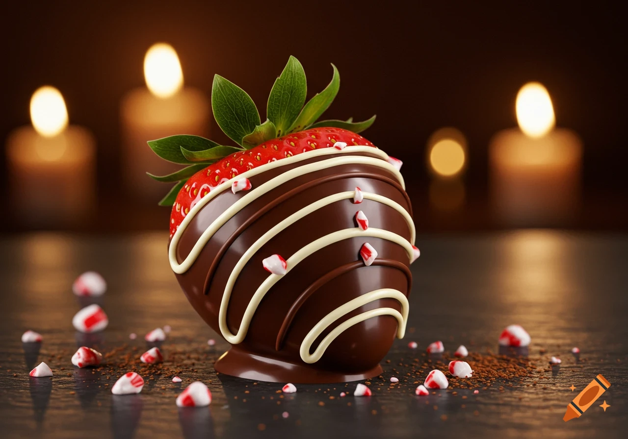 Photorealistic chocolate-covered strawberry with white drizzle and peppermint pieces, against a warm, blurred background with candles.