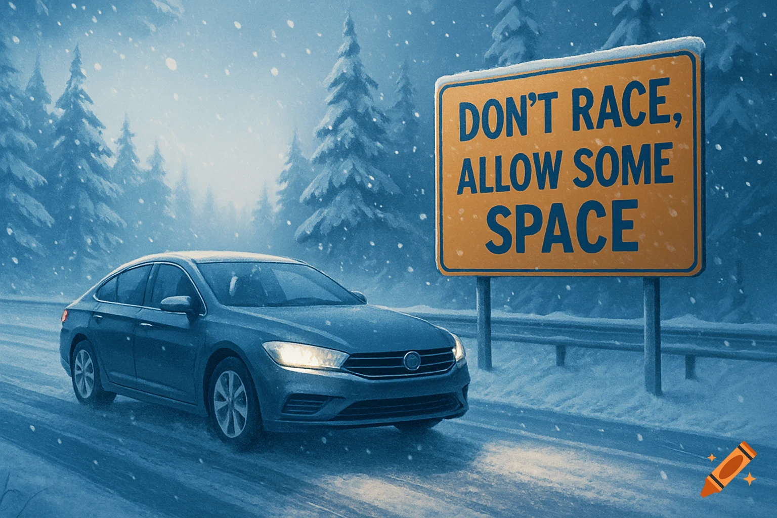 A blue car drives on a snowy road in a forest, passing a yellow sign that reads 'DON'T RACE, ALLOW SOME SPACE'. Digital painting.