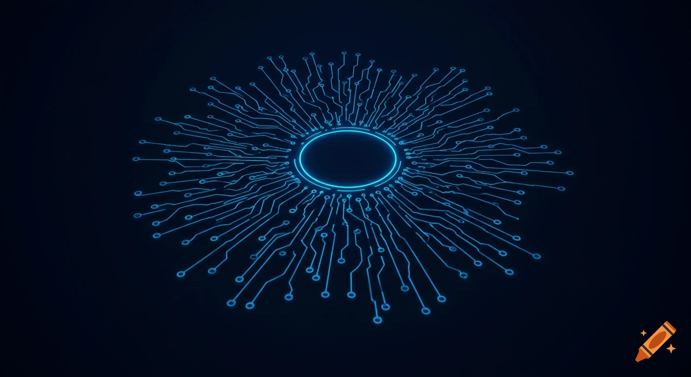 A glowing neon blue electronic circuit network branches out from a central circle on a dark navy blue background, in a futuristic, high-tech style.