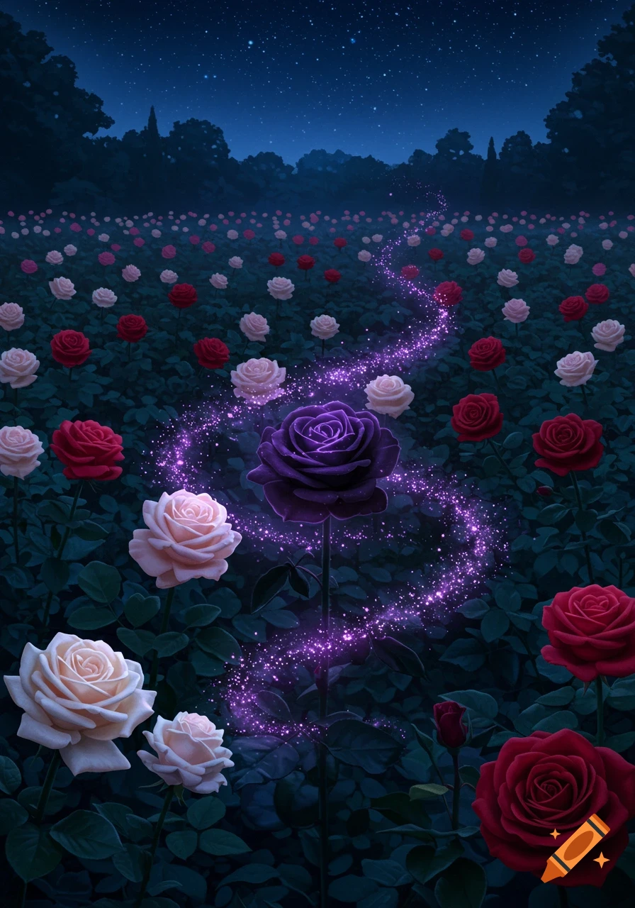 A magical garden at night, with red, pink, and white roses, and a glowing purple rose surrounded by sparkling dust under a starry sky.