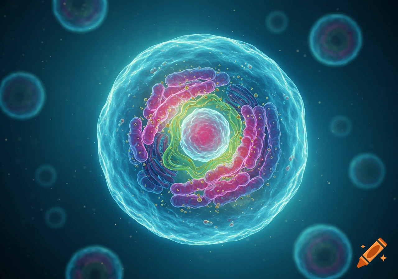 Vibrant microscopic illustration of a biological cell with colorful internal organelles.