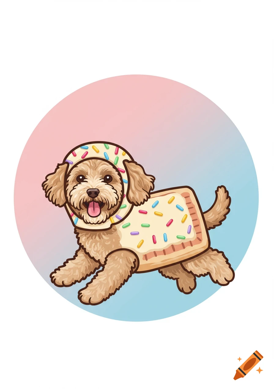Cartoon labradoodle in a pop tart costume, running with its tongue out on a pink and blue gradient background.