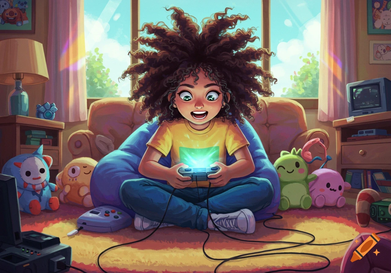 A cartoon girl with curly hair enthusiastically plays video games in a sunny room, surrounded by plush toys.