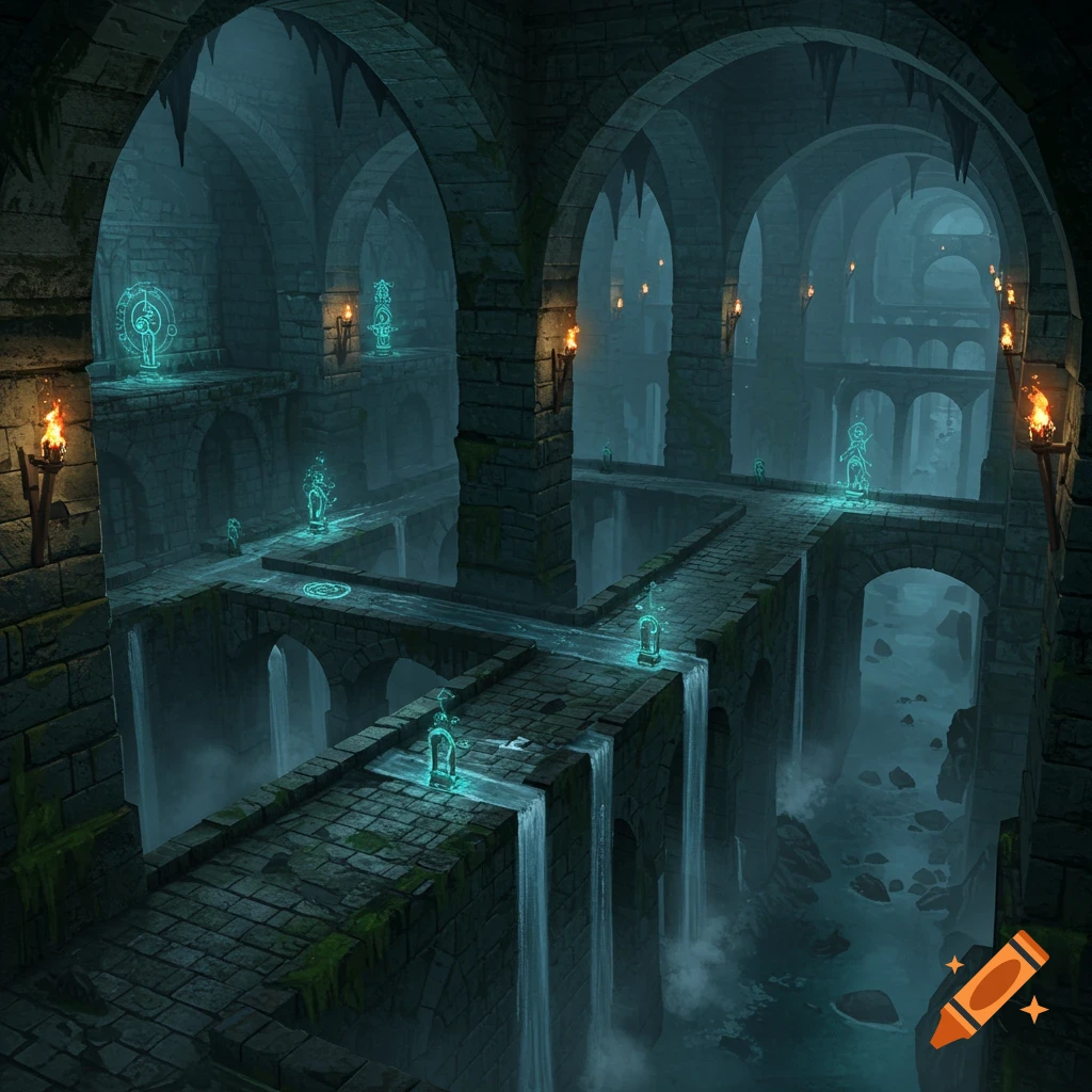 Atmospheric fantasy dungeon battle map with stone arches, glowing blue symbols, waterfalls, and torches.