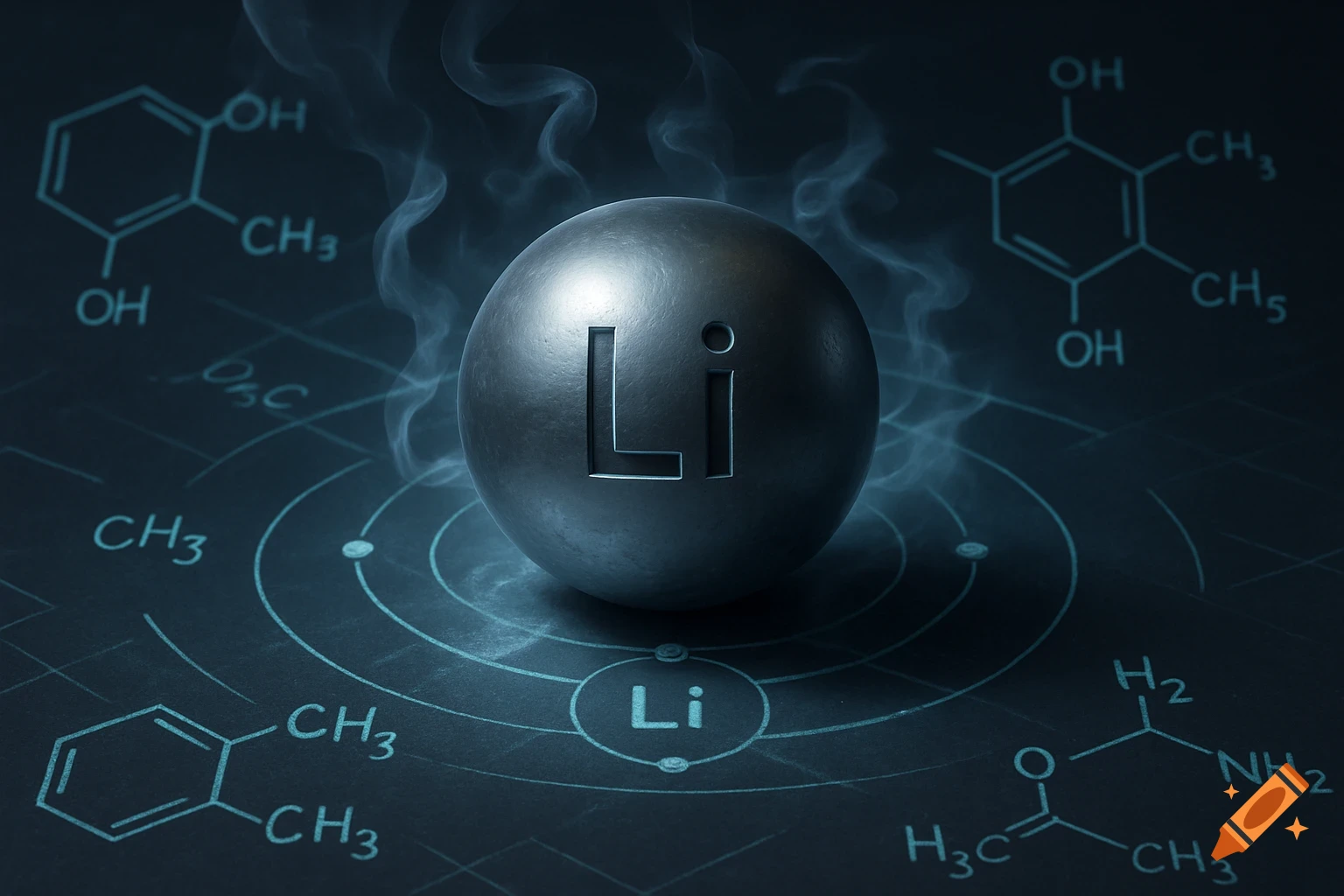 A metallic sphere with "Li" engraved, representing the element Lithium, surrounded by smoke and glowing chemical structures.
