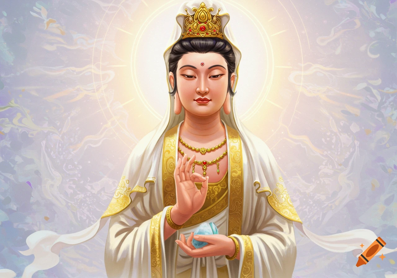 Illustrative portrait of Guanyin in white robes, gold trim, and a golden crown, holding a blue orb with a serene, glowing background.