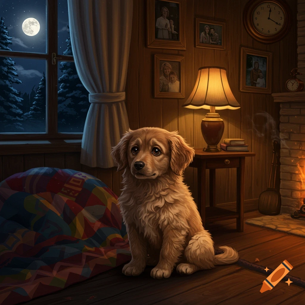 A cute golden retriever puppy sits on a wooden floor in a cozy, firelit room at night, with a full moon visible through the window.
