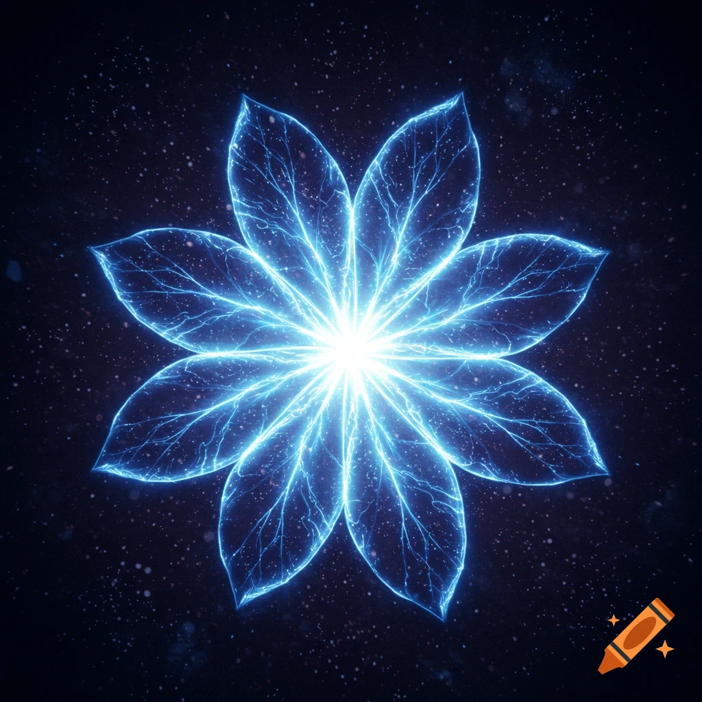 A vibrant blue electrical energy flower with eight glowing petals and a bright central light, against a dark, starry background.
