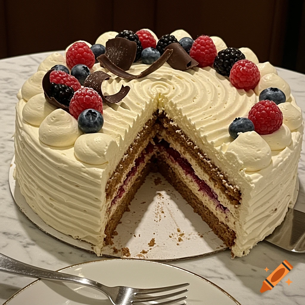 A photorealistic image of a round cake with a slice cut out, topped with white frosting, chocolate curls, raspberries, and blueberries, on a marble table.