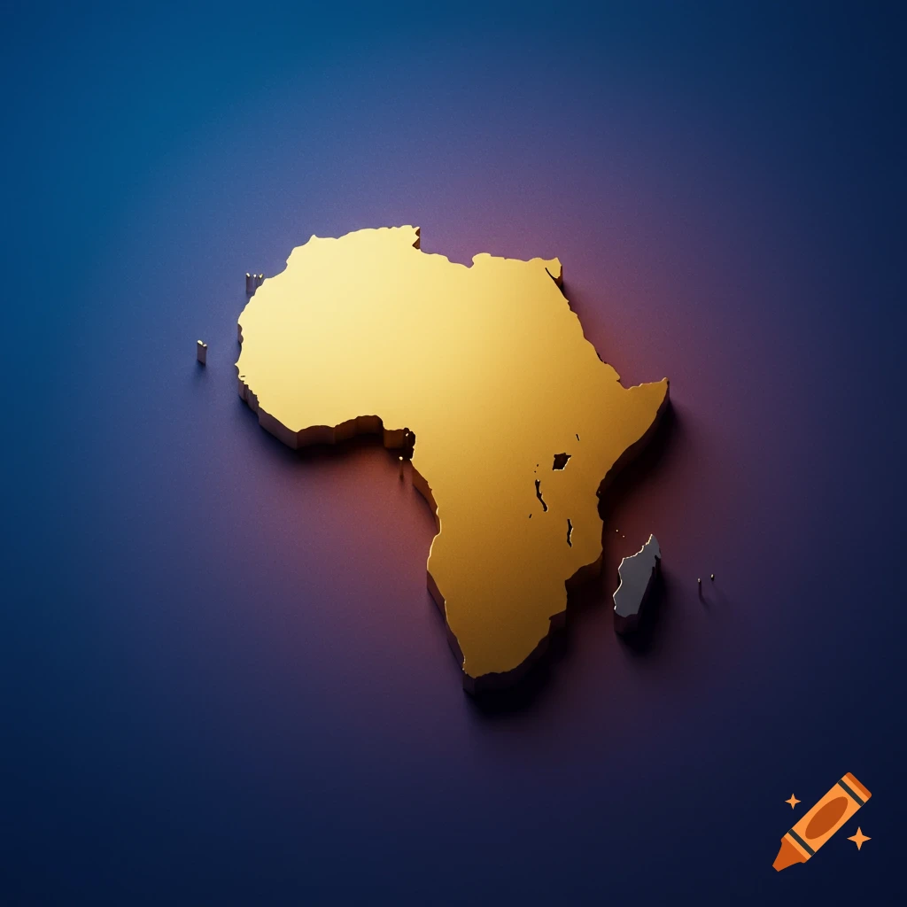 A 3D golden map outline of the continent of Africa with Madagascar on a gradient blue and purple background.