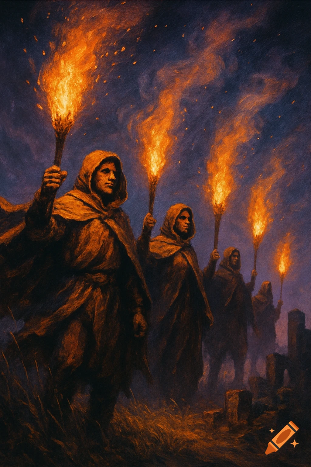 Hooded figures carry flaming torches through a dark, painterly landscape at night.