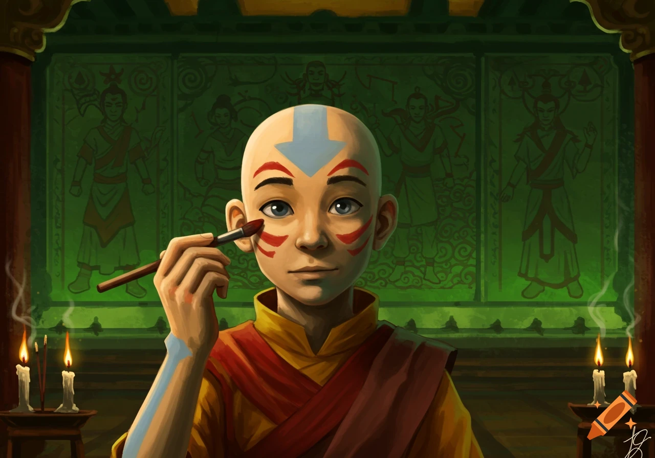 Aang from Avatar The Last Airbender applies red face paint to his cheek. He has a blue arrow on his head, wearing red and yellow robes, in a room with green walls and lit candles.