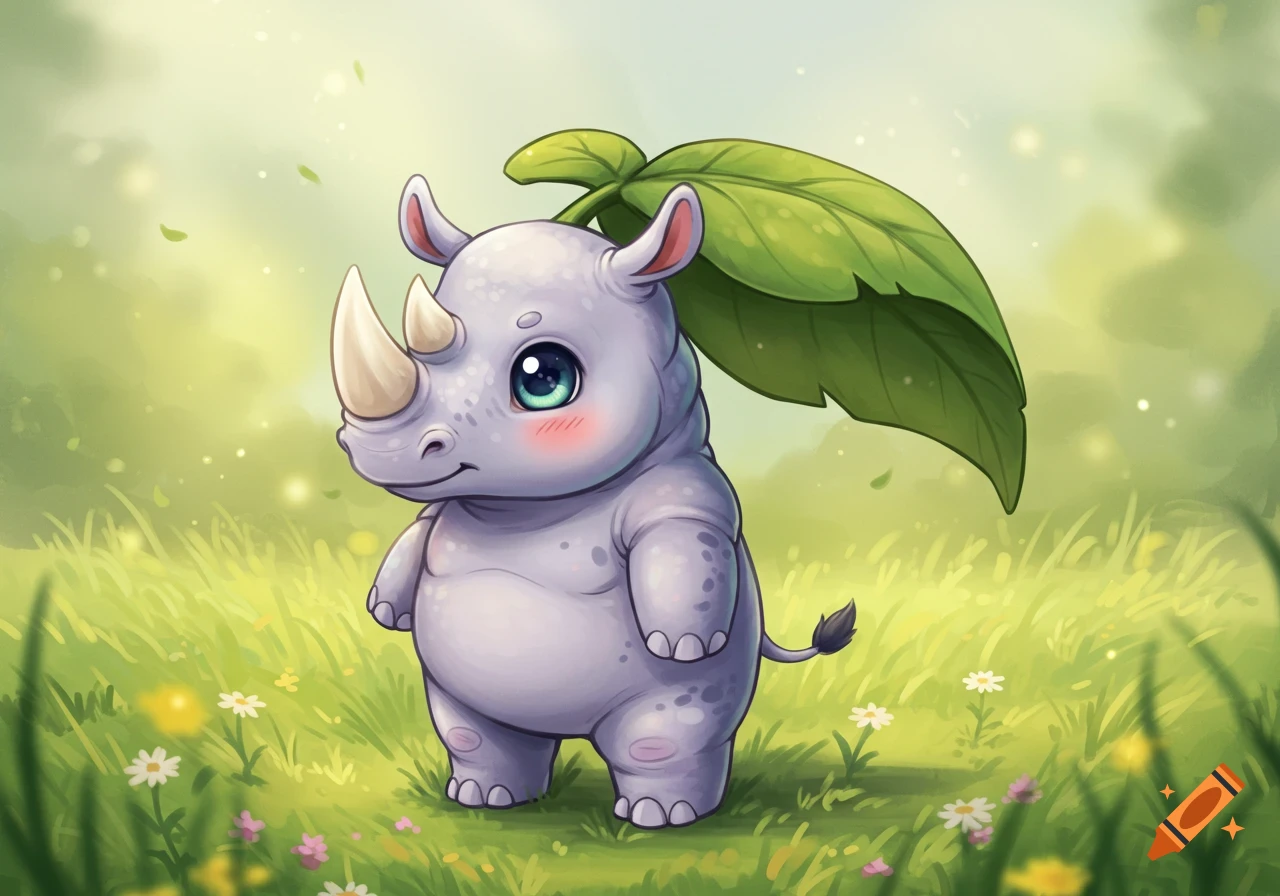 A cute chibi rhino with large blue eyes and rosy cheeks stands in a sunny green field, a big leaf on its back.