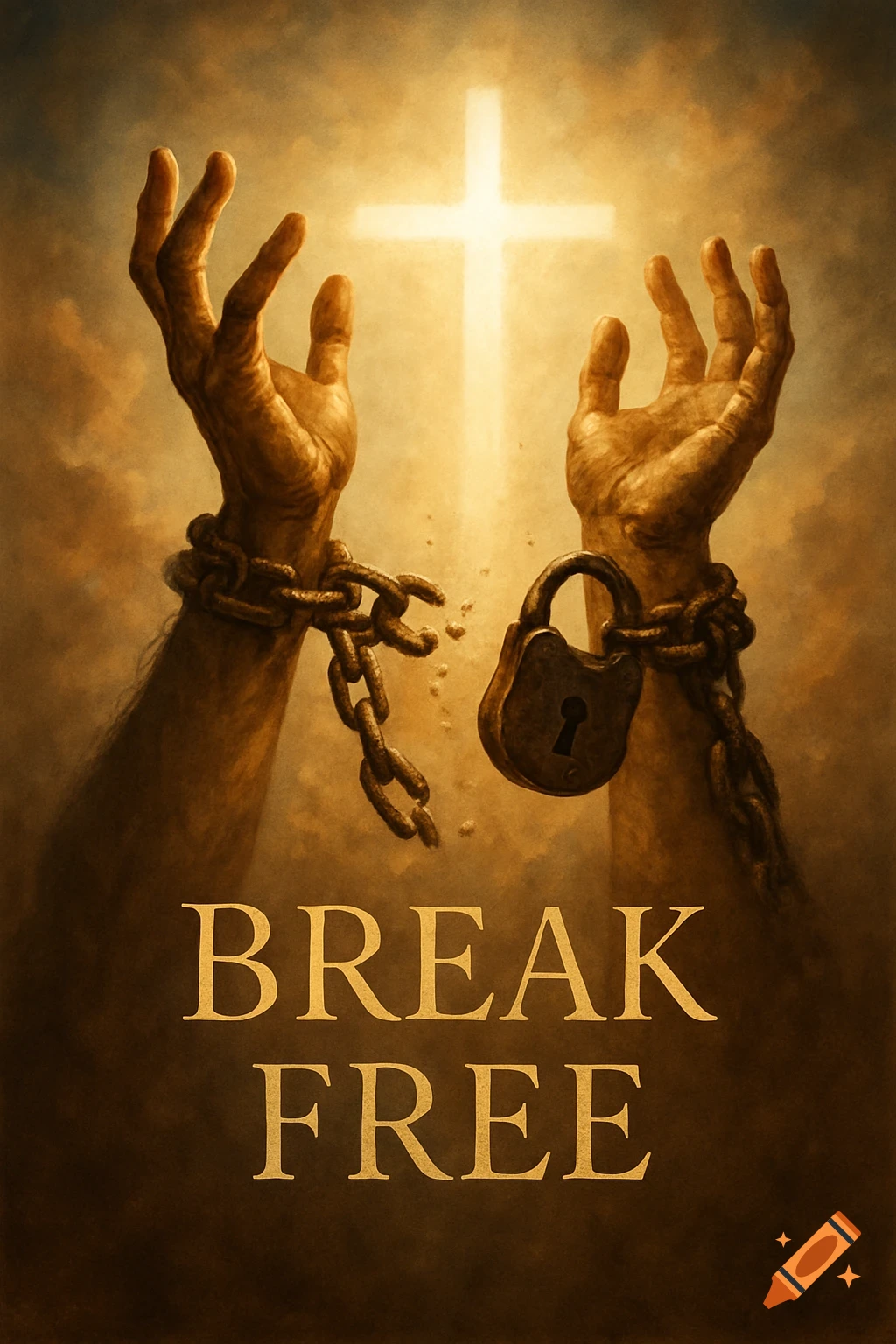 Chained hands reaching towards a glowing cross in a sepia-toned image with 'BREAK FREE' text.