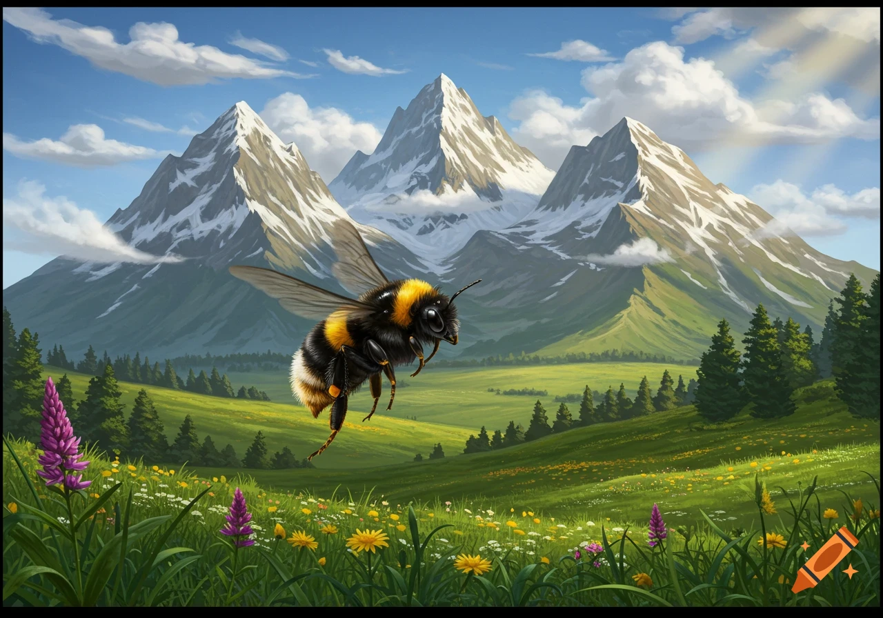 A large bumblebee flies over a vibrant green meadow with wildflowers, against majestic snow-capped mountains under a blue sky, in an illustration style.