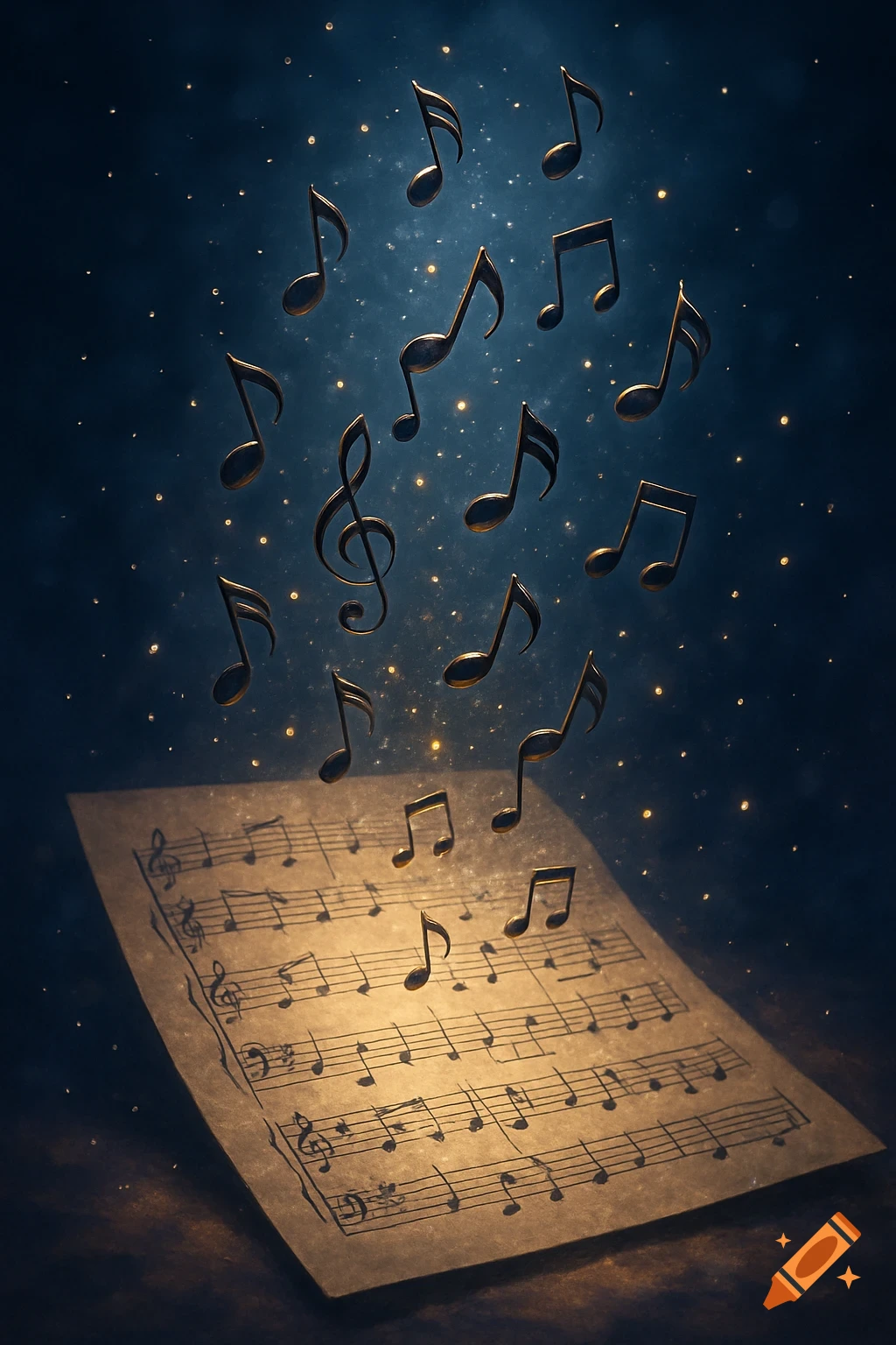 A glowing music sheet with gold musical notes floating above it into a dark blue, starry background. The scene has a magical ambiance.