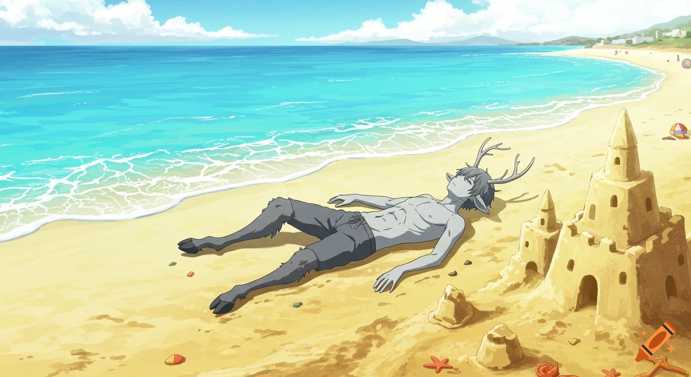 Anime-style grayscale satyr with antlers and hooves lying on a sandy beach with a sandcastle, as a wave recedes.