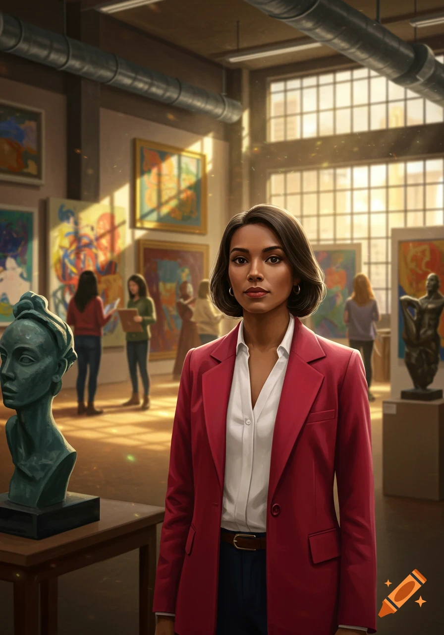 A woman in a red blazer stands in an art gallery with abstract paintings and other patrons in the background. A green sculpture is to her left.