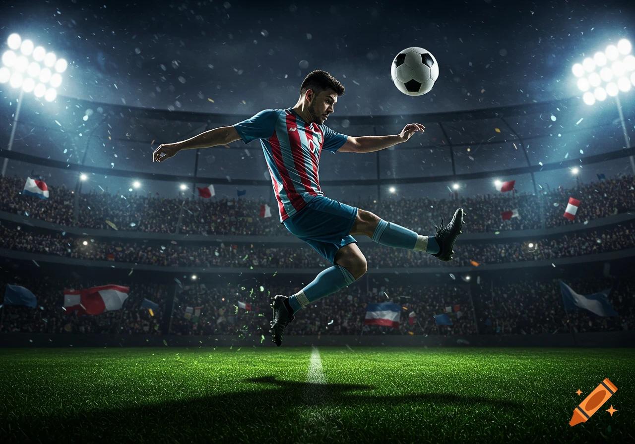 Photorealistic image of a male soccer player in a red and blue jersey, mid-air, kicking a ball in a brightly lit stadium.