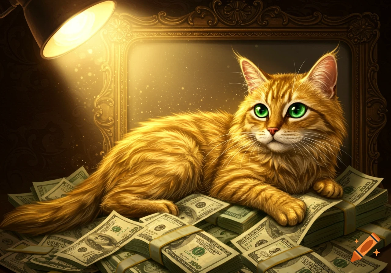 A fluffy orange cat with green eyes lies on a large pile of dollar bills under a spotlight.