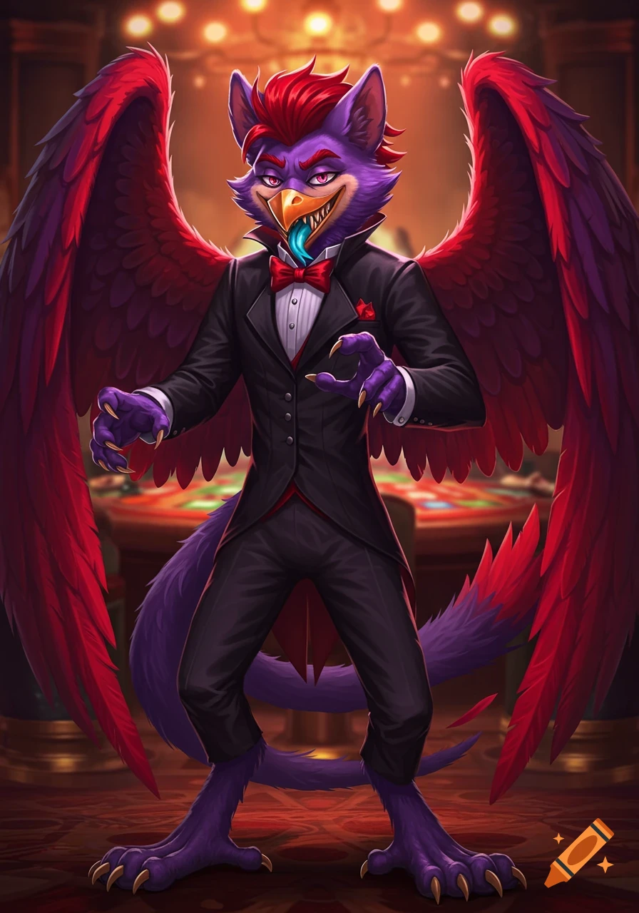 A purple and red anthropomorphic avian-cat creature in a tuxedo with large red wings, sharp claws, and a blue tongue, standing in a casino.