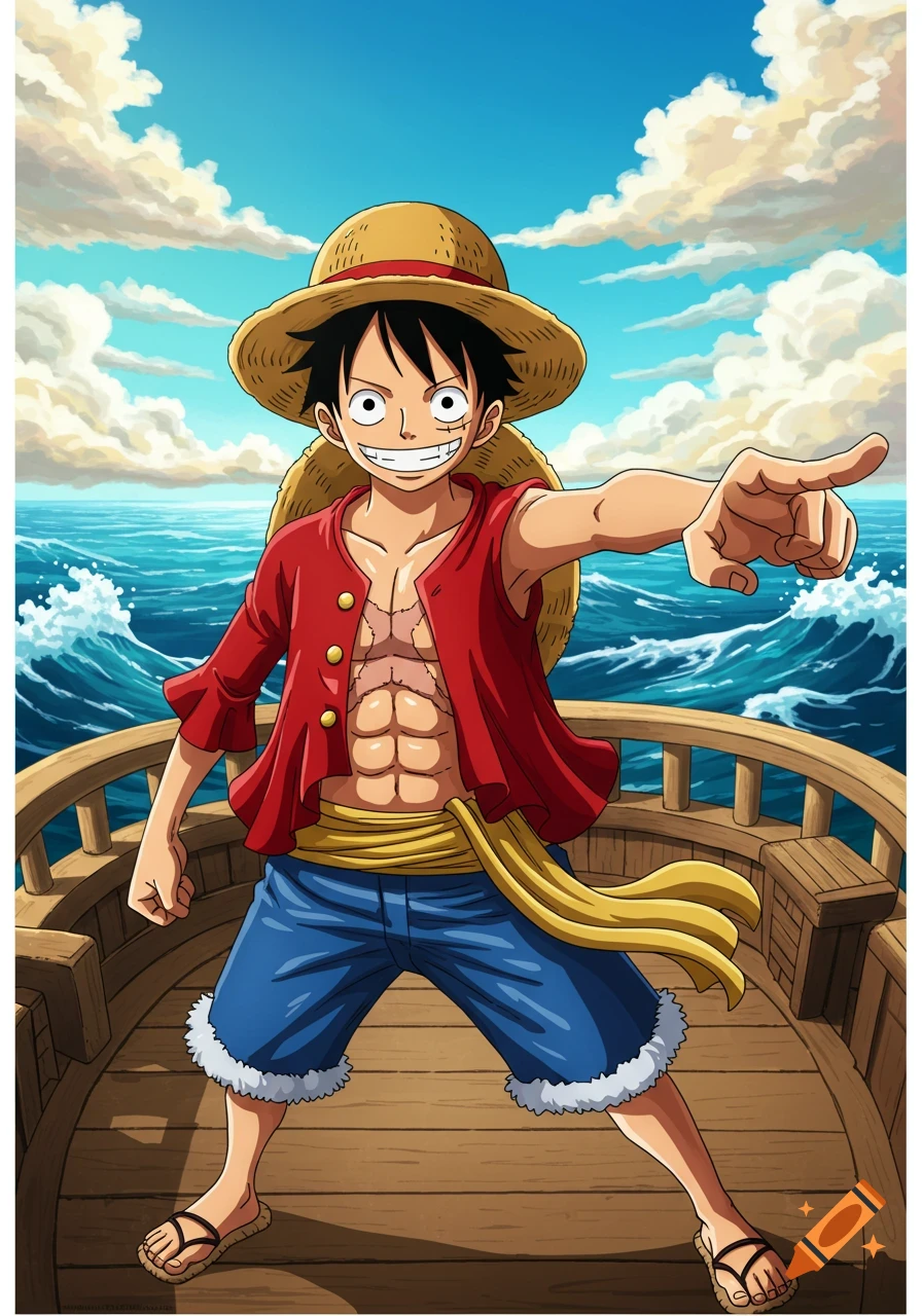 A joyful anime character, Luffy from One Piece, stands on a ship deck, pointing forward across a vast ocean under a blue sky.