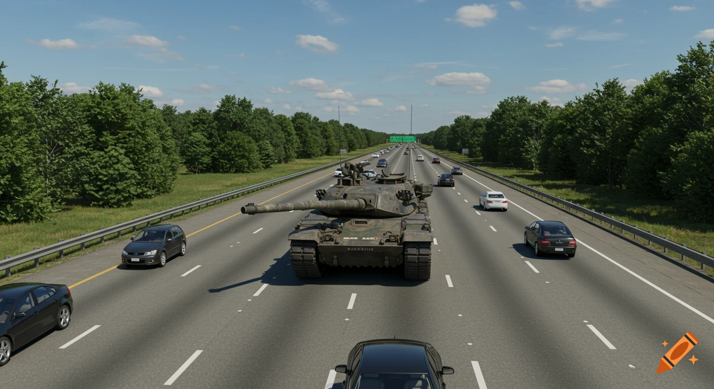 A military tank drives down a multi-lane highway, surrounded by civilian cars, captured from a dashcam perspective.