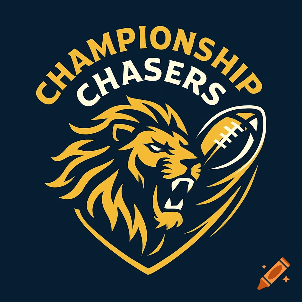 A gold and white logo on a dark blue background featuring a fierce lion's head next to a football. Arching above the lion are the words "CHAMPIONSHIP CHASERS".