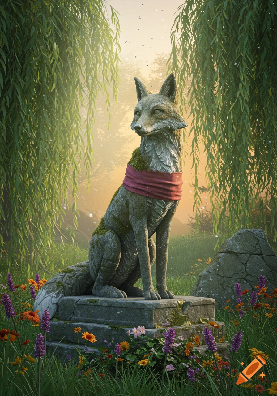 A moss-covered stone fox statue with a red band sits on a pedestal in a sunlit forest with weeping willows and wildflowers.