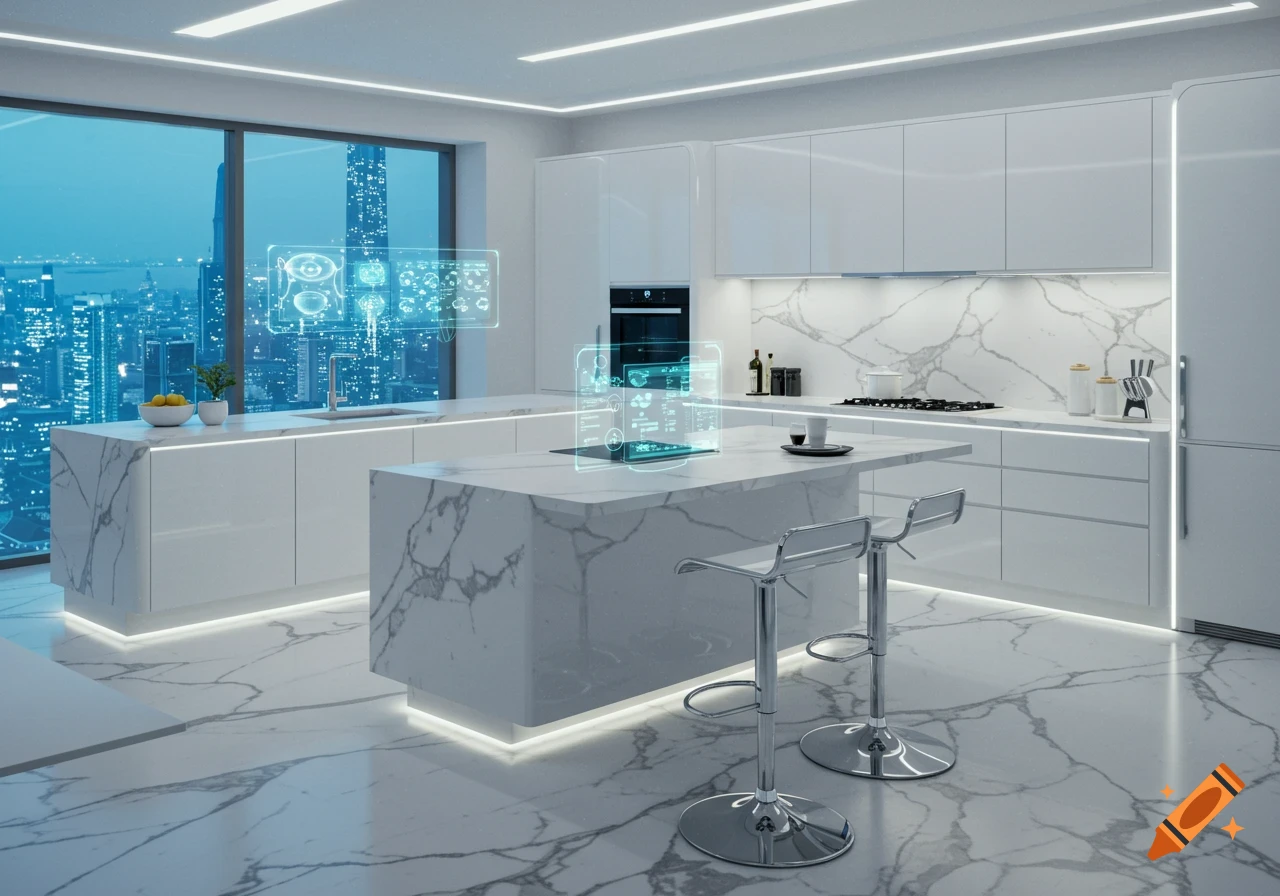 Modern futuristic kitchen with white marble counters, illuminated lighting, holographic interfaces, and a city skyline view.